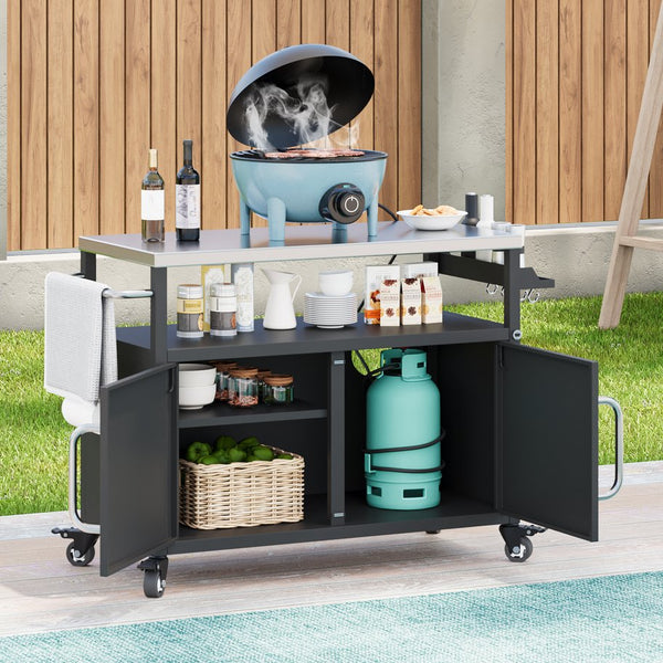 English Elm K&K 54.5" Outdoor Kitchen Island with 1.6" Stainless Top, Locking Wheels, Spice Rack & Bottle Opener N707P270779B