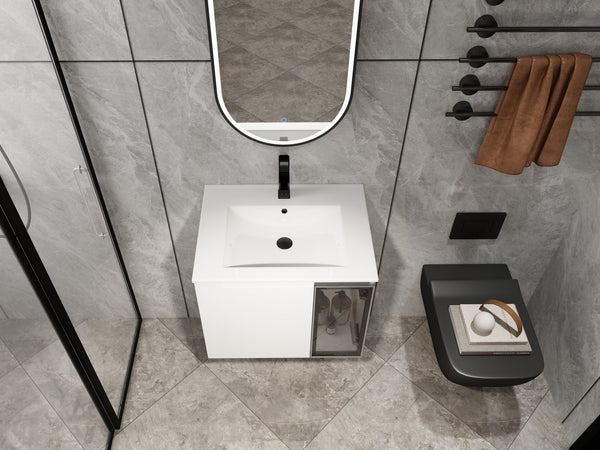 English Elm 24" Floating Bathroom Vanity Glossy White Plywood Cabinet Ceramic Sink Soft Close W999S00523