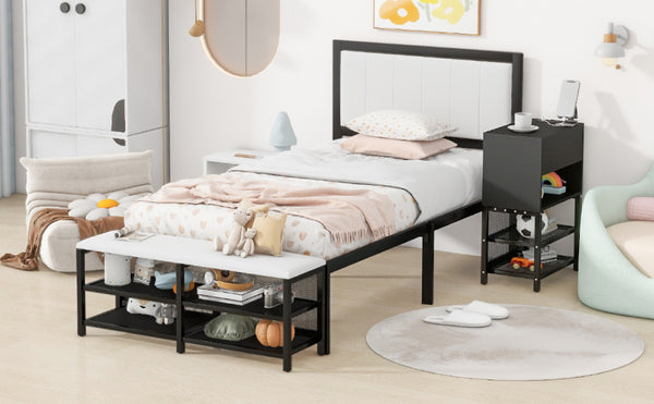 English Elm Twin Metal Platform Bed With Two-Tier Shelves & Wooden Cabinet - Stylish Storage Solution In Black N737P199330B-GIGA