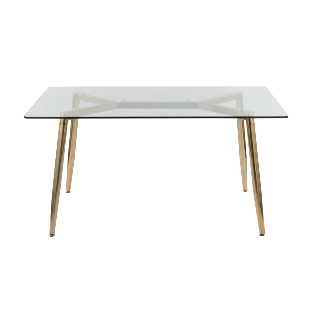 English Elm Dining Table with Gold Metal Legs and Tempered Glass Top for Glam Modern Spaces B202S02138