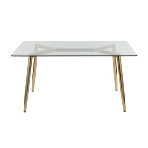 English Elm Dining Table with Gold Metal Legs and Tempered Glass Top for Glam Modern Spaces B202S02138