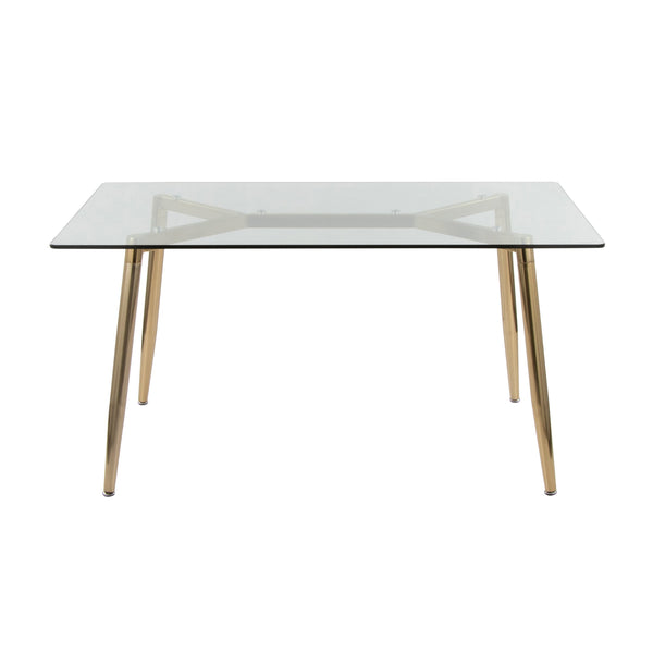 English Elm Dining Table with Gold Metal Legs and Tempered Glass Top for Glam Modern Spaces B202S02138