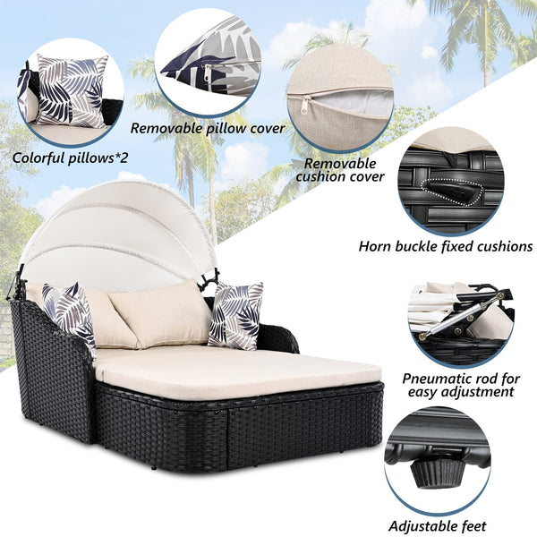 English Elm GO Outdoor Sun Bed with Adjustable Canopy, Durable PE Rattan Double Lounger, Zippered Cushions and Pillows for Easy Care and 500lb Capacity Beige+Black FG201223AAK