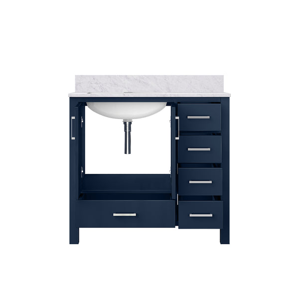 English Elm Navy Solid Wood Bath Vanity 36" W x 22" D Left Offset with Carrara Marble Top, Soft-Close Drawers B2731P258856