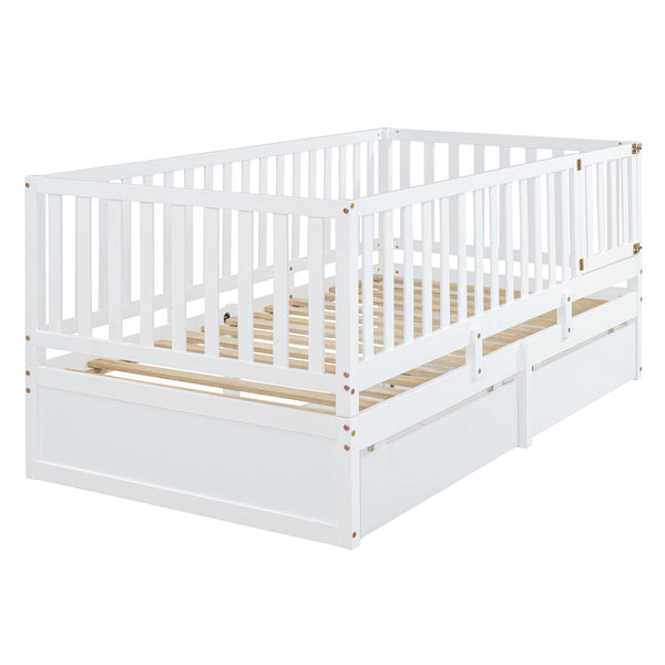 English Elm Twin Pinewood Daybed with Fence Guardrails Splits Into Two Floor Beds Storage White LP100881AAK