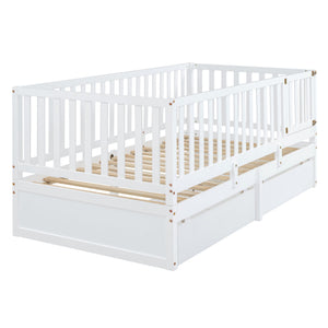 English Elm Twin Pinewood Daybed with Fence Guardrails Two Storage Drawers and Split Floor Bed White LP200881AAK
