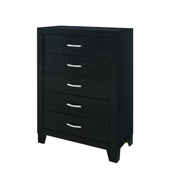 English Elm CARLOS Black Chest with 5 Drawers, Solid Wood & MDF, Glam Hardware, Sleek Black Finish for Chic Storage B201P215910