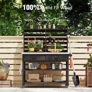 English Elm K&K 64.9" Outdoor Potting Bench with 1.2" Stainless Steel Top, Lockable Wheels, Hutch & Drawers Black N707P228274B