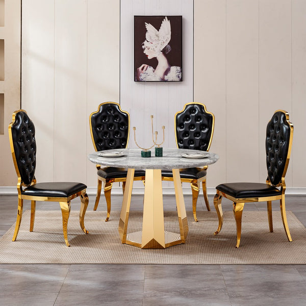 English Elm 47" Round Marble Dining Table - Chic Faux Marble Top & Gold Stainless Steel Base - Versatile & Durable Design For Any Space W3456S00009