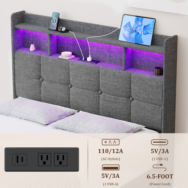 English Elm Full LED Linen Bed Frame with Headboard Storage, 2 Drawers, Fast Charging Ports & Nightlight Ambiance W1550P190364