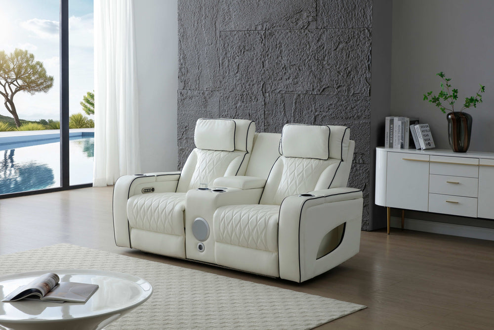 English Elm Lumin Power Reclining Loveseat with Led Lighting Bluetooth Speakers and Usb Ports White B078P497930