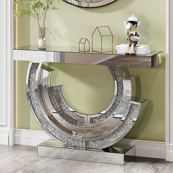 English Elm 3C Silver Crushed Diamond Mirrored Console Table – Modern Curved 3D Hallway Accent for Living Room W3836P362145