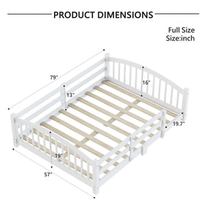 English Elm Full Montessori Pine Wood Floor Bed with Safety Rails Low Profile Kids Room Frame White N733P400299K