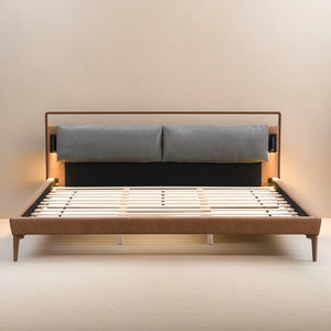 English Elm Christopher Knight Home® - Brown&Gray Leather King Bed With Adjustable Led Night Lights & Sturdy Support – Modern Elegance N758D536162D