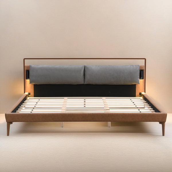 English Elm Christopher Knight Home® - Brown&Gray Leather King Bed With Adjustable Led Night Lights & Sturdy Support – Modern Elegance N758D536162D