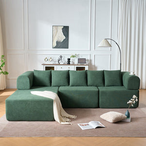 English Elm 106" Modular Sectional Sofa with Deep Seat Velvet Upholstery, Boneless L Shaped Chaise, 5 Pillows, No Assembly Required Green W3163S00044