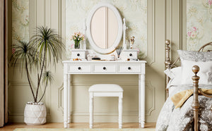English Elm Vanity Vintage Wooden Makeup Desk with 180° Adjustable Mirror, 5 Velvet‑Lined Drawers & Cushioned Stool White 52.7 L x 22.5 W x 11 H N733P305139K