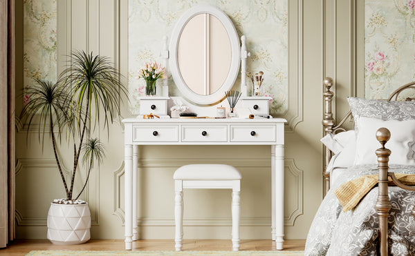 English Elm Vanity Vintage Wooden Makeup Desk with 180° Adjustable Mirror, 5 Velvet‑Lined Drawers & Cushioned Stool White 52.7 L x 22.5 W x 11 H N733P305139K