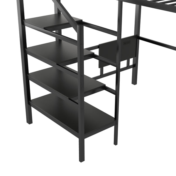 English Elm Full Size Metal Loft Bed with Foldable Desk Staircase Storage and Led Lighting W2580S00072