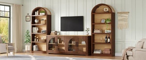 English Elm 3-piece Farmhouse Entertainment Center with Arched Glass Doors and Open Tower Shelving Walnut N721S000070P