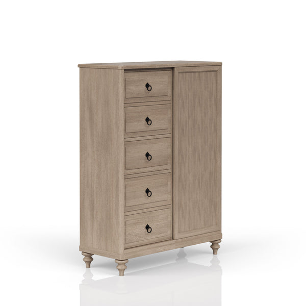 English Elm 5 Drawer Chest with Felt Top Drawer, Cedar-Lined Bottom & Custom Hardware in Neutral Finish, Solid Wood Piece Sand 47.25 L x 21.75 W x 59 H B2699P218793