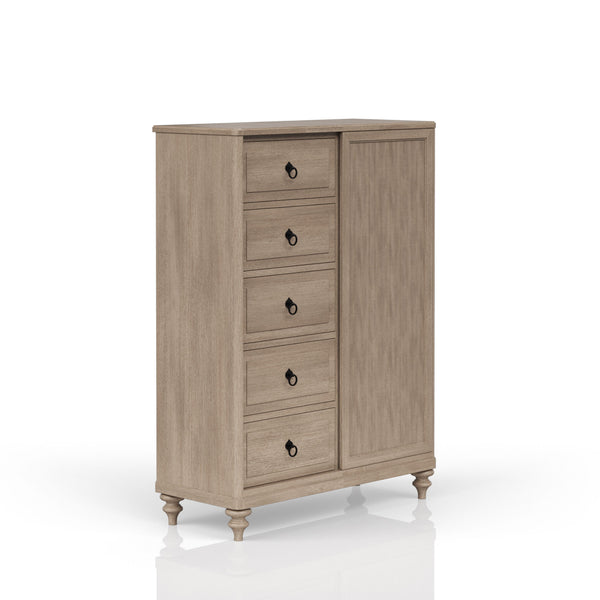 English Elm Queen Sand Canopy Bedroom Set with USB Nightstand, Cedar/Felt Drawers, Metal Accents & Mirror B2699S00058