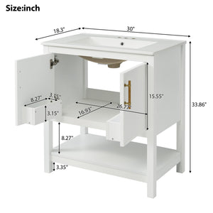 English Elm 30-Inch White Bathroom Vanity With Ceramic Sink - Stylish Storage Solution For Small Spaces! WF325888AAK