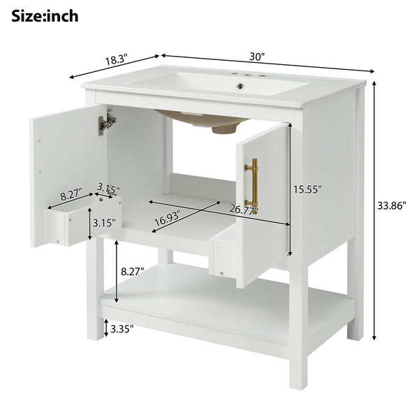 English Elm 30-Inch White Bathroom Vanity With Ceramic Sink - Stylish Storage Solution For Small Spaces! WF325888AAK