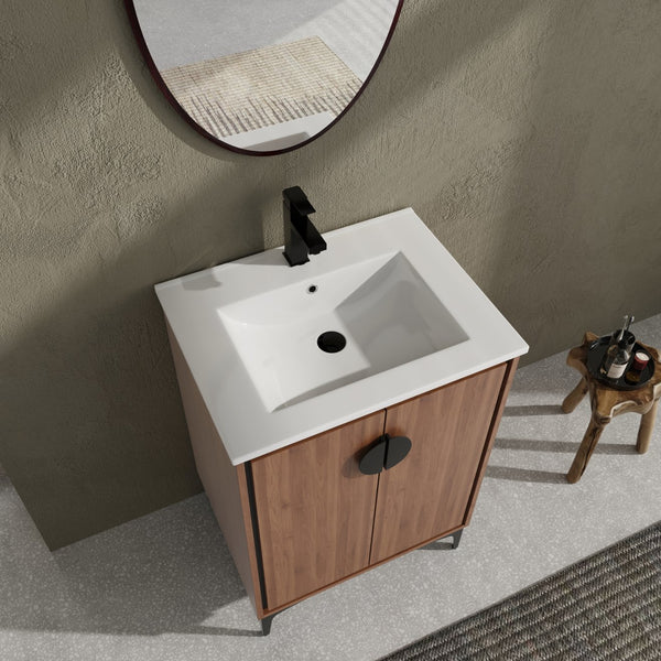 English Elm 24'' Modern Brown Bathroom Vanity with Drop-In Ceramic Sink, Engineered Wood, Soft-Close Doors, Ample Storage W1972S00001