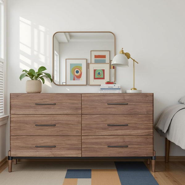English Elm Tranquility Six Drawer Walnut Veneer Dresser with Tapered Legs and Bronze Hardware B108P411443