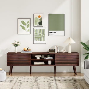 English Elm Mid Century Modern Fluted Wood Media Console with Storage Cabinets for Living Room Walnut T3623P435374