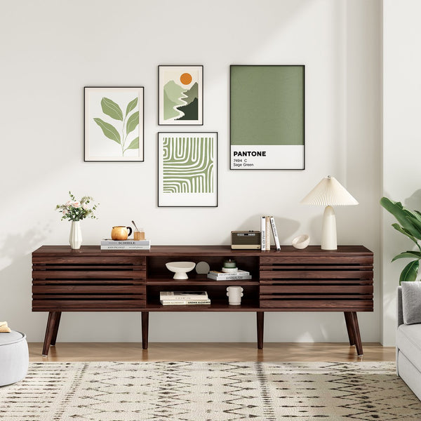 English Elm Mid Century Modern Fluted Wood Media Console with Storage Cabinets for Living Room Walnut T3623P435374