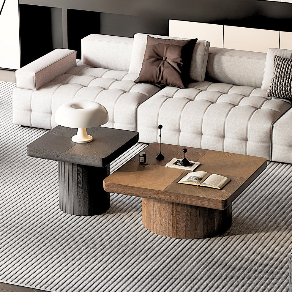 English Elm Modern Parquet Wood Nesting Coffee Tables Sculptural Fluted Pedestal Living Room Set Black + Dark Walnut W1435S00032