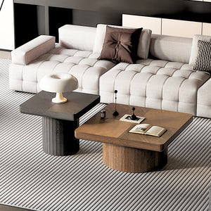 English Elm Modern Parquet Wood Nesting Coffee Tables Sculptural Fluted Pedestal Living Room Set Black + Dark Walnut W1435S00032