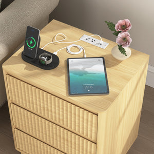 English Elm (set Set of 2 Modern End Tables with Usb-c Charging and Three Drawer Storage for Any Room Natural W409P414475