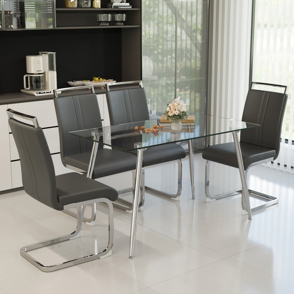 English Elm 51 Inch Tempered Glass Dining Set for Four with Chrome Legs and Pu Leather Chairs W2189S00917