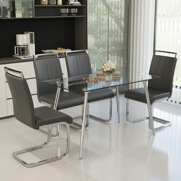 English Elm 51 Inch Tempered Glass Dining Set for Four with Chrome Legs and Pu Leather Chairs W2189S00917