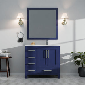 English Elm Navy 36" Bath Vanity with Right Offset White Quartz Top, Soft-Close Drawers, Faucet Included B2731P259056