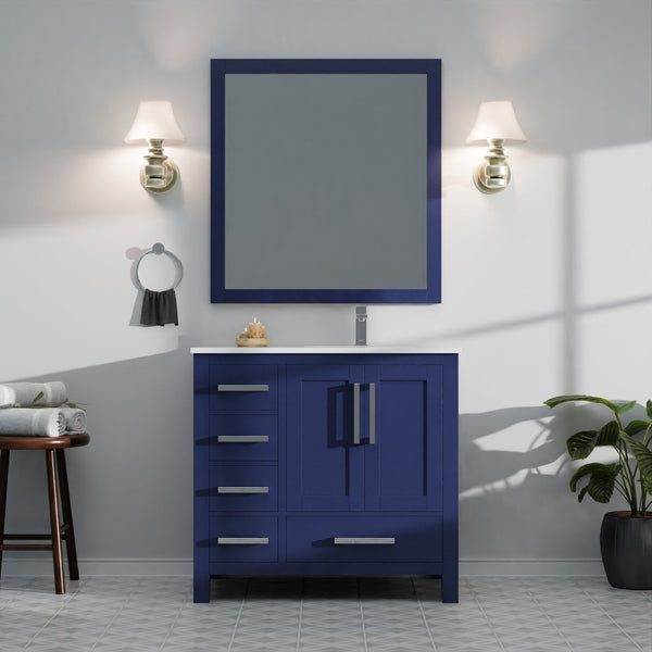 English Elm Navy 36" Bath Vanity with Right Offset White Quartz Top, Soft-Close Drawers, Faucet Included B2731P259056