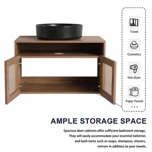 English Elm 30" Modern Wall-Mounted Bathroom Vanity With Black Ceramic Sink, Soft-Close Doors, Oak Finish W999S00398