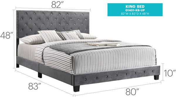 English Elm Transitional Velvet King Bed with Sturdy Frame and Upholstered Headboard, 48"H x 80"W x 83"D Elegance Gray 24.6 L x 82 W x 5.5 H B078108000