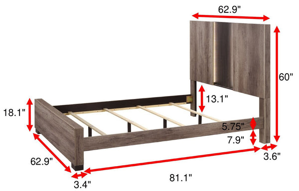 English Elm Contemporary Queen Panel Bed with LED Lighted Headboard, Distressed Textured Wood Finish, Stylish Durable Craftsmanship beige brown,Gray 66 L x 49 W x 7 H B011S01501