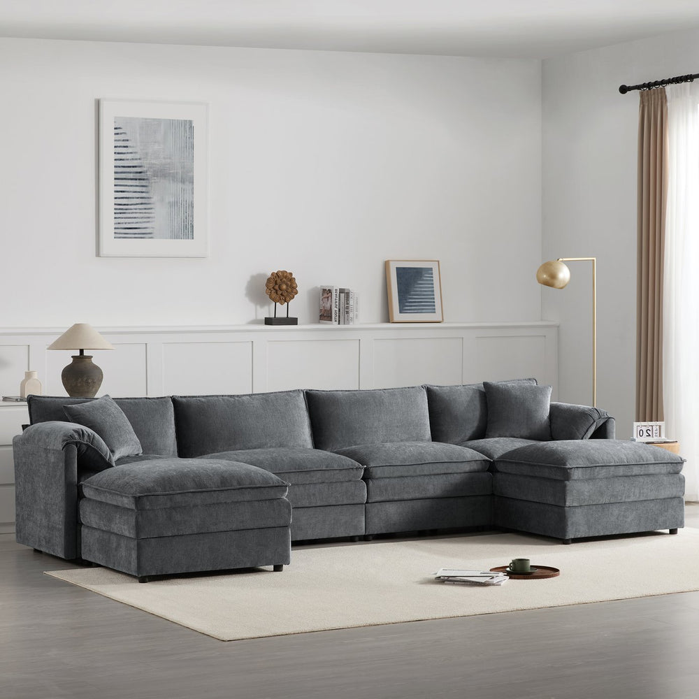 English Elm [video]136" Chenille U-shaped Sectional Six Seat Cloud Sofa with Movable Ottomans Dark Gray N723S1687B
