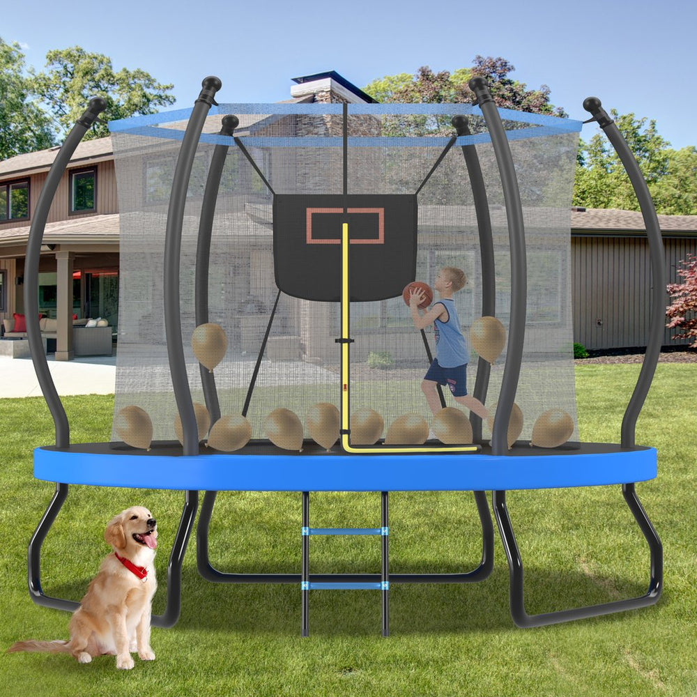 English Elm 10ft Steel Backyard Trampoline with Basketball Hoop Safety Net Padded Poles Ladder N739P307895C