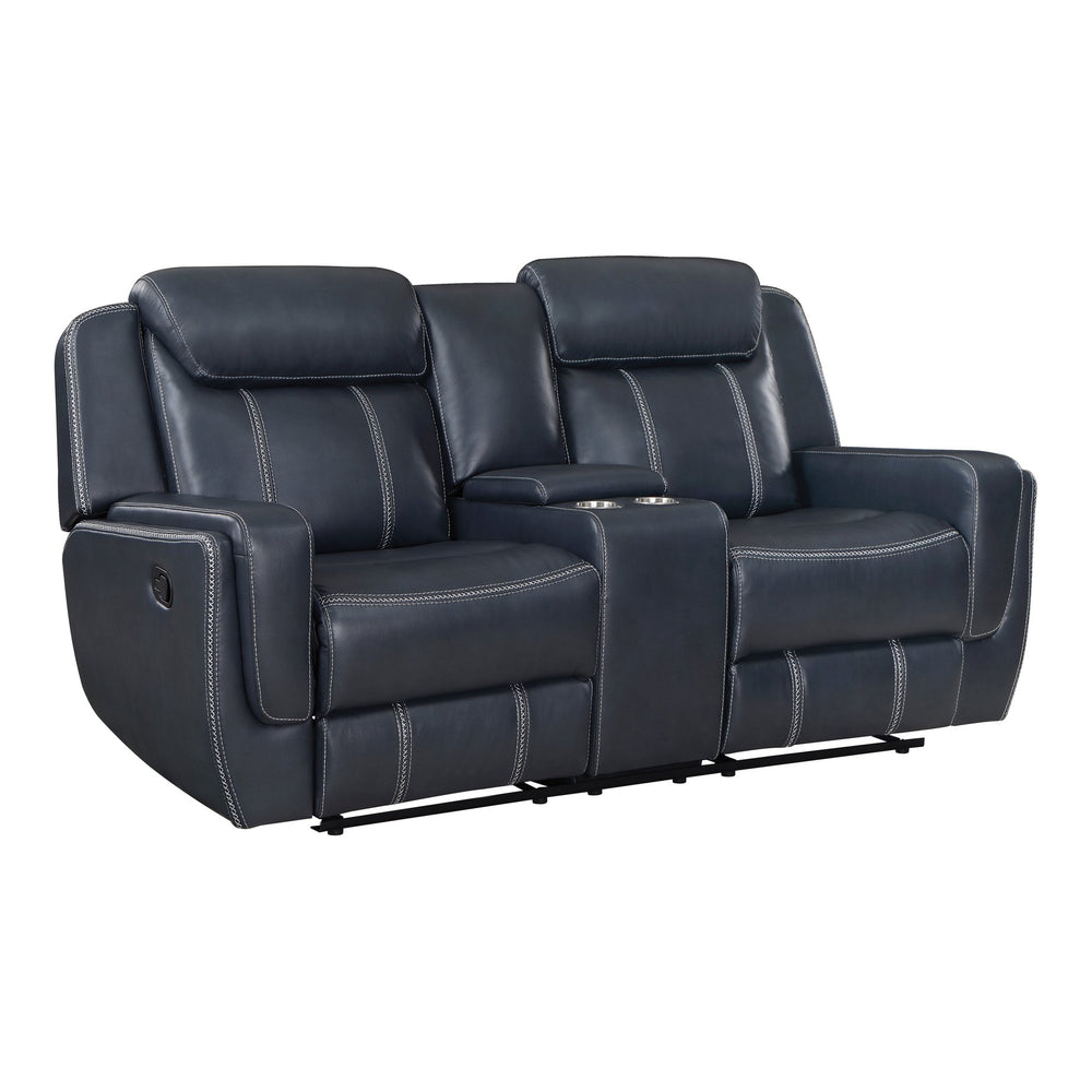 English Elm Modern Blue Dual Reclining Loveseat with Center Console, USB Ports, Hidden Storage, Breathable Faux Leather 75.5" B011P228163