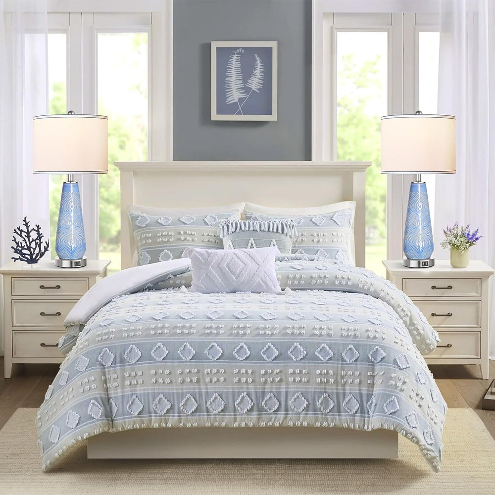 English Elm Modern Ceramic Blue Table Lamps Set of 2 — 27" Touch Control, 3-Way Dimmable with Dual USB Ports W3355P323228