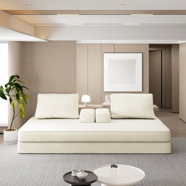 English Elm 86.6"Multifunctional Folding Sofa Bed with Chaise, Fluffy Chenille, Removable Backs & Pillows, Deep Seat Lounge Beige W3219P340665
