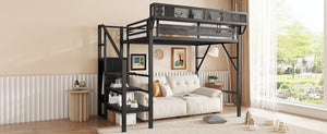 English Elm Twin Twin Size Loft Bed with Stairs and Built-In Shelves, Metal High Loft with Wardrobe for Kids Teens Black W2580S00035