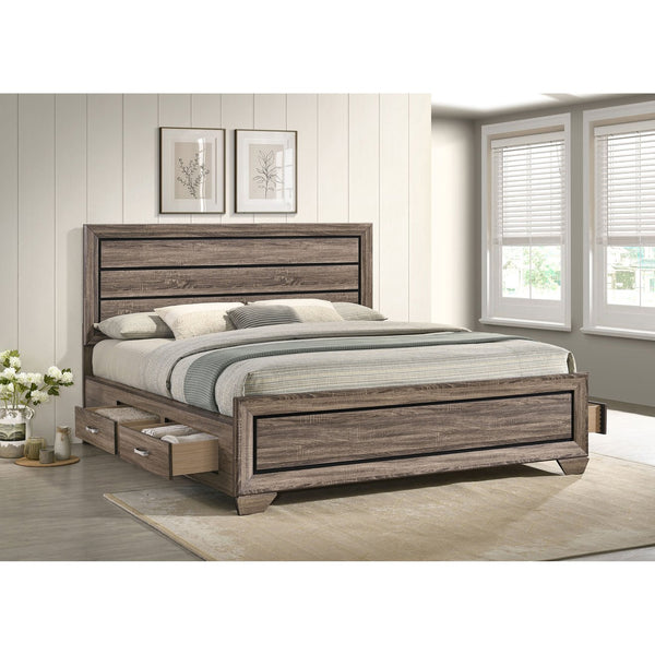 English Elm Carbon Washed Taupe Panel Storage Bed California King with Slatted Frame, Built-In Drawers, Rustic Modern Elegance B062S00688