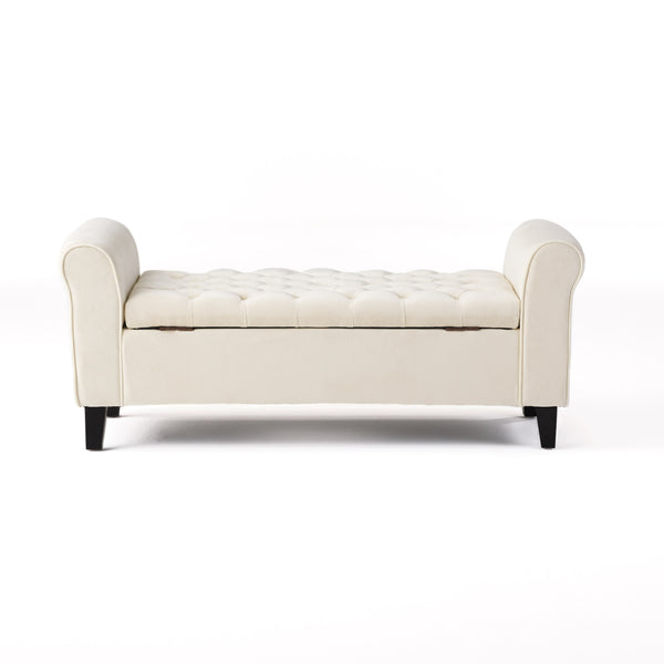 English Elm Lvory Linen Tufted Storage Bench with Rolled Arms and Hidden Lift Top Compartment N770P372389A